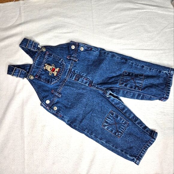 Moonbeams Indigo Blue Denim Felt Applique Cozy Puppy Adjustable Straps Overalls - Picture 3 of 11